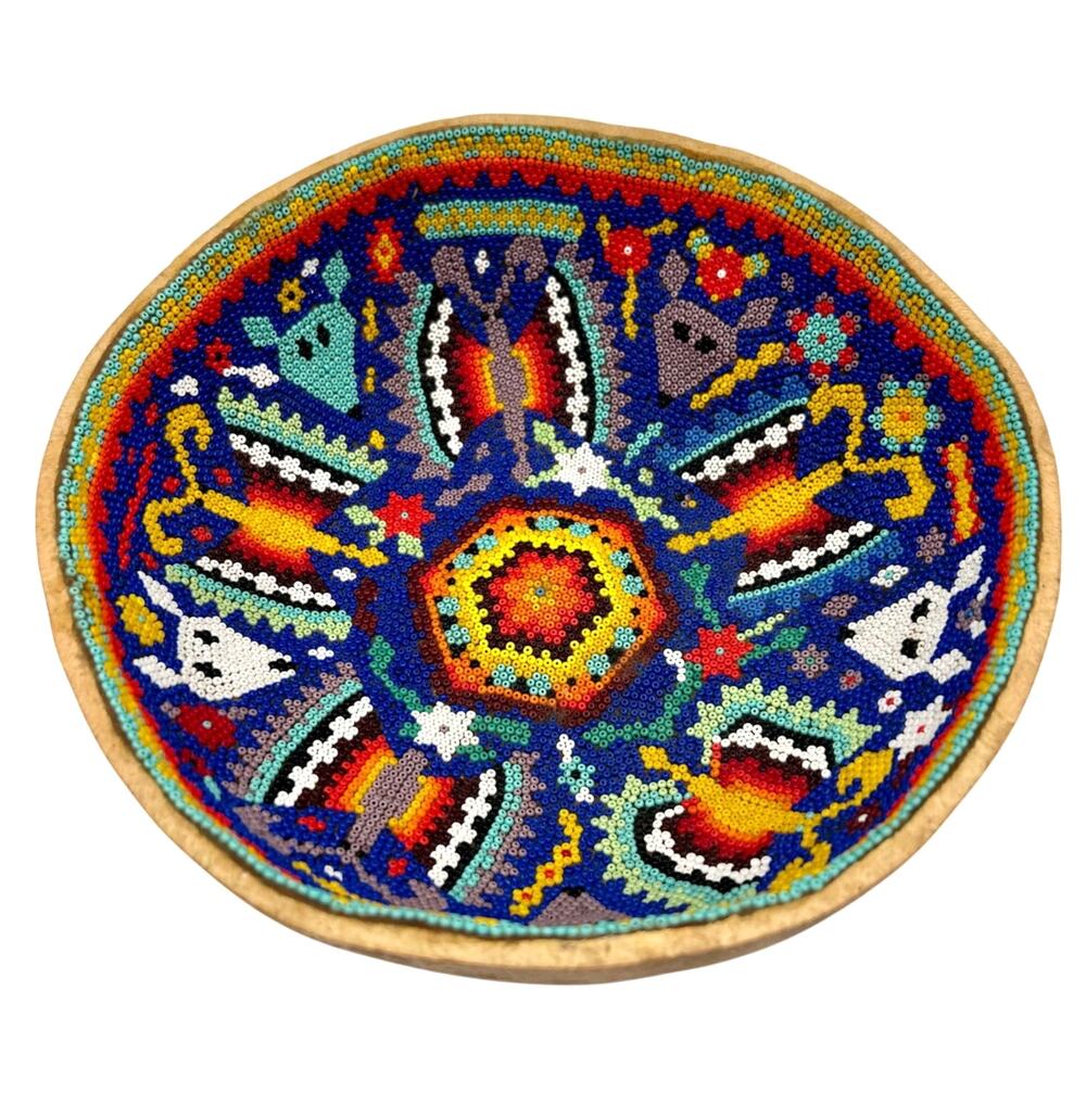 Huichol Beaded Gourd Bowl 8" Wixarika Mexican Folk Art Jicara Beeswax Handmade